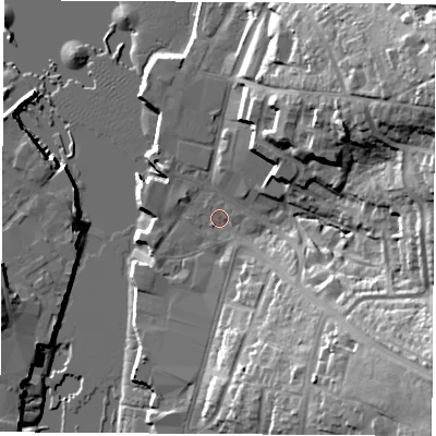 Shaded relief map of the ground around PO326QY, computed from Environment Agency LiDAR. The ground here sits at about 2 m above sea level and falls 34 m across the surrounding 800 m. Surface water reaching this point runs off ground lying to the north-east, 29.2 m higher.