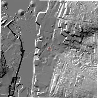 Shaded relief map of the ground around PO326QZ, computed from Environment Agency LiDAR. The ground here sits at about 2 m above sea level and falls 31 m across the surrounding 800 m. Surface water reaching this point runs off ground lying to the north-east, 26.8 m higher.