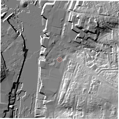 Shaded relief map of the ground around PO326RA, computed from Environment Agency LiDAR. The ground here sits at about 3 m above sea level and falls 32 m across the surrounding 800 m. Surface water reaching this point runs off ground lying to the east-south-east, 24.7 m higher.