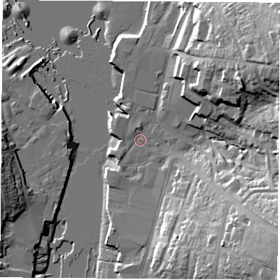 Shaded relief map of the ground around PO326RB, computed from Environment Agency LiDAR. The ground here sits at about 2 m above sea level and falls 30 m across the surrounding 800 m. Surface water reaching this point runs off ground lying to the west-north-west, 1.2 m higher.