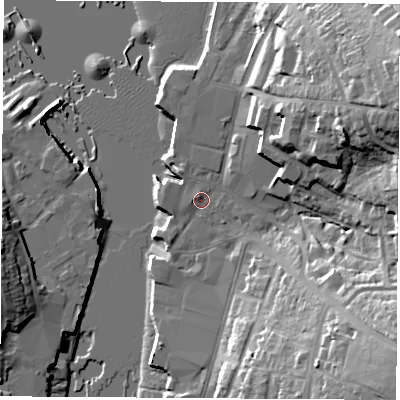 Shaded relief map of the ground around PO326RD, computed from Environment Agency LiDAR. The ground here sits at about 3 m above sea level and falls 30 m across the surrounding 800 m. Surface water reaching this point runs off ground lying to the west, 1.2 m higher.