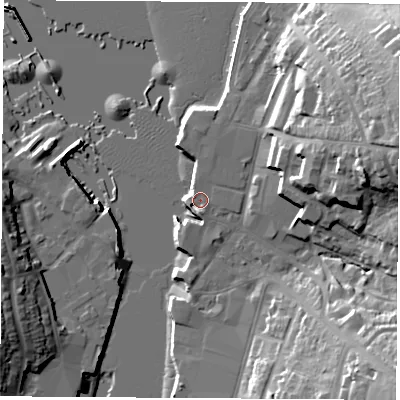Shaded relief map of the ground around PO326RF, computed from Environment Agency LiDAR. The ground here sits at about 2 m above sea level and falls 27 m across the surrounding 800 m. Surface water reaching this point runs off ground lying to the south-south-west, 1.2 m higher.