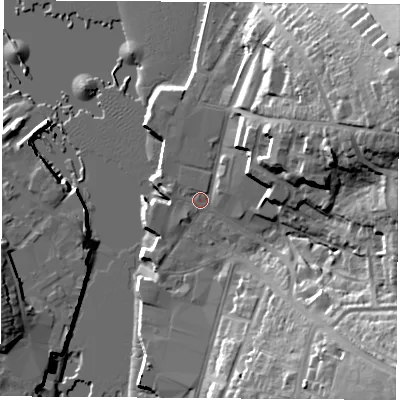 Shaded relief map of the ground around PO326RG, computed from Environment Agency LiDAR. The ground here sits at about 2 m above sea level and falls 31 m across the surrounding 800 m. Surface water reaching this point runs off ground lying to the east-north-east, 26.5 m higher.
