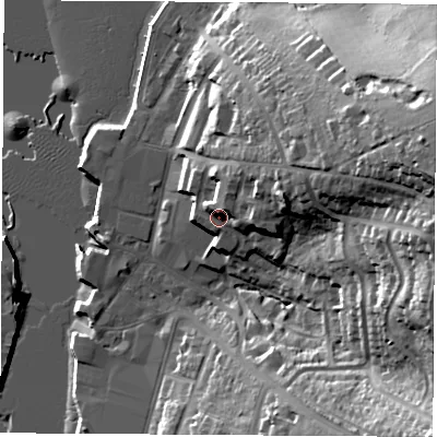 Shaded relief map of the ground around PO326RL, computed from Environment Agency LiDAR. The ground here sits at about 10 m above sea level and falls 40 m across the surrounding 800 m. Surface water reaching this point runs off ground lying to the east-north-east, 12.8 m higher.