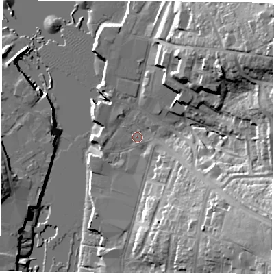 Shaded relief map of the ground around PO326RN, computed from Environment Agency LiDAR. The ground here sits at about 2 m above sea level and falls 33 m across the surrounding 800 m. Surface water reaching this point runs off ground lying to the north-east, 27.9 m higher.