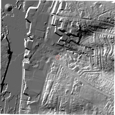 Shaded relief map of the ground around PO326RU, computed from Environment Agency LiDAR. The ground here sits at about 3 m above sea level and falls 38 m across the surrounding 800 m. Surface water reaching this point runs off ground lying to the south-east, 31.1 m higher.