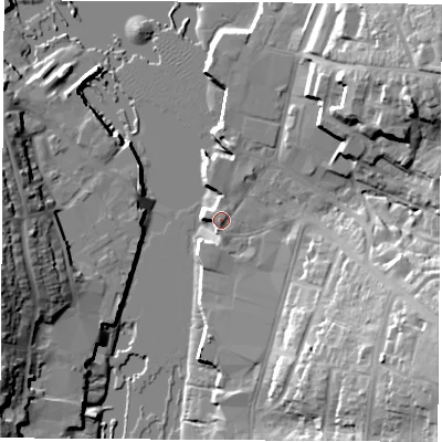 Shaded relief map of the ground around PO326SL, computed from Environment Agency LiDAR. The ground here sits at about 3 m above sea level and falls 26 m across the surrounding 800 m. Surface water reaching this point runs off ground lying to the north-west, 1.2 m higher.