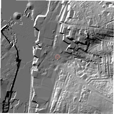 Shaded relief map of the ground around PO326SP, computed from Environment Agency LiDAR. The ground here sits at about 2 m above sea level and falls 35 m across the surrounding 800 m. Surface water reaching this point runs off ground lying to the east-north-east, 30.1 m higher.