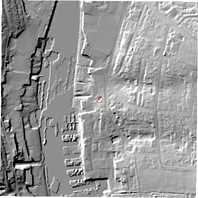 Shaded relief map of the ground around PO326TA, computed from Environment Agency LiDAR. The ground here sits at about 3 m above sea level and falls 29 m across the surrounding 800 m. Surface water reaching this point runs off ground lying to the south-south-east, 3.8 m higher.