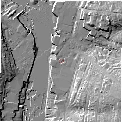 Shaded relief map of the ground around PO326TS, computed from Environment Agency LiDAR. The ground here sits at about 2 m above sea level and falls 28 m across the surrounding 800 m. Surface water reaching this point runs off ground lying to the north-east, 23.2 m higher.