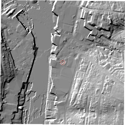 Shaded relief map of the ground around PO326TU, computed from Environment Agency LiDAR. The ground here sits at about 2 m above sea level and falls 29 m across the surrounding 800 m. Surface water reaching this point runs off ground lying to the east-south-east, 22.2 m higher.