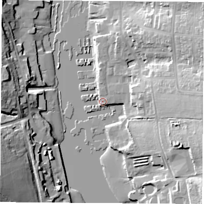 Shaded relief map of the ground around PO326UB, computed from Environment Agency LiDAR. The ground here sits at about 3 m above sea level and falls 26 m across the surrounding 800 m. Surface water reaching this point runs off ground lying to the east-south-east, 6.6 m higher.