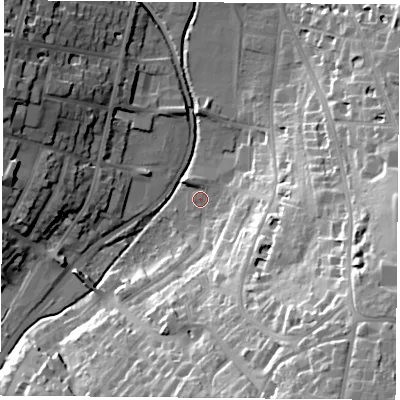 Shaded relief map of the ground around PO331FL, computed from Environment Agency LiDAR. The ground here sits at about 4 m above sea level and falls 48 m across the surrounding 800 m. Surface water reaching this point runs off ground lying to the south-east, 44.7 m higher.