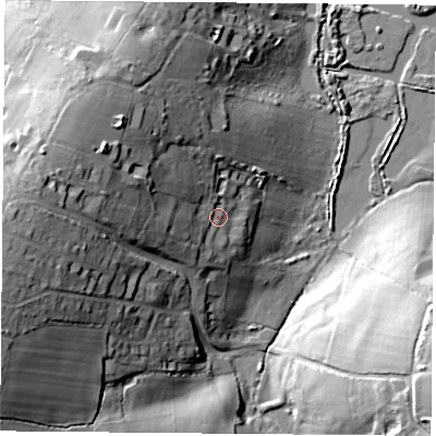 Shaded relief map of the ground around PO331FS, computed from Environment Agency LiDAR. The ground here sits at about 15 m above sea level and falls 38 m across the surrounding 800 m. Surface water reaching this point runs off ground lying to the west-north-west, 23.6 m higher.
