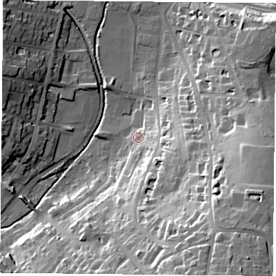 Shaded relief map of the ground around PO331HH, computed from Environment Agency LiDAR. The ground here sits at about 7 m above sea level and falls 48 m across the surrounding 800 m. Surface water reaching this point runs off ground lying to the south-east, 43.5 m higher.