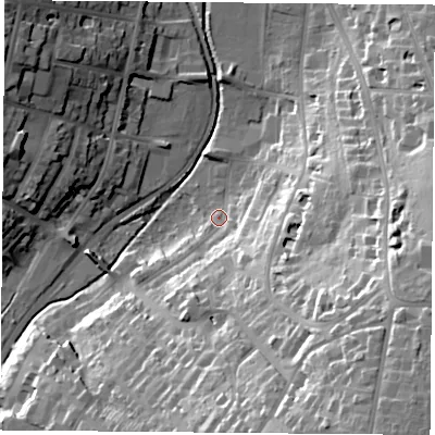 Shaded relief map of the ground around PO331HL, computed from Environment Agency LiDAR. The ground here sits at about 5 m above sea level and falls 49 m across the surrounding 800 m. Surface water reaching this point runs off ground lying to the south-east, 45.3 m higher.
