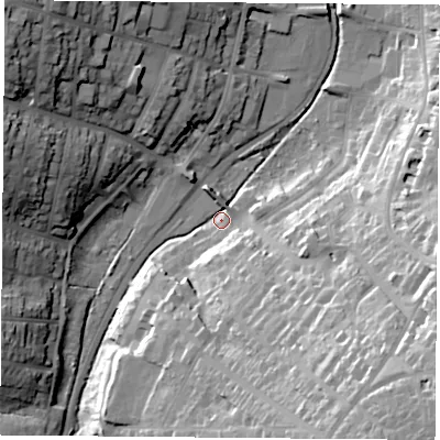 Shaded relief map of the ground around PO331HS, computed from Environment Agency LiDAR. The ground here sits at about 4 m above sea level and falls 47 m across the surrounding 800 m. Surface water reaching this point runs off ground lying to the south-east, 45.4 m higher.