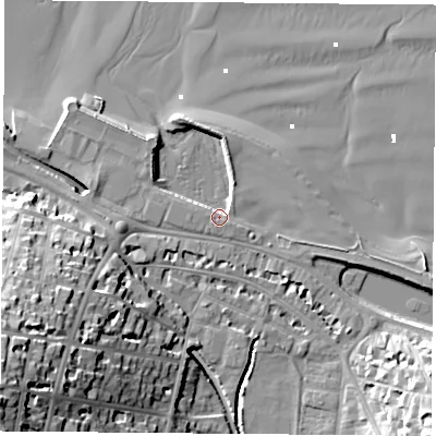 Shaded relief map of the ground around PO331JA, computed from Environment Agency LiDAR. The ground here sits at about 3 m above sea level and falls 32 m across the surrounding 800 m. Surface water reaching this point runs off ground lying to the south-east, 3.6 m higher.