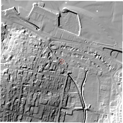 Shaded relief map of the ground around PO331JB, computed from Environment Agency LiDAR. The ground here sits at about 4 m above sea level and falls 37 m across the surrounding 800 m. Surface water reaching this point runs off ground lying to the west-south-west, 6.4 m higher.