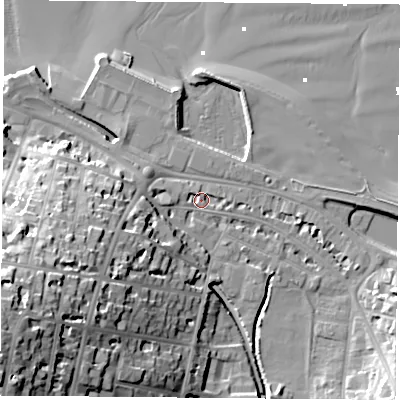 Shaded relief map of the ground around PO331JD, computed from Environment Agency LiDAR. The ground here sits at about 3 m above sea level and falls 36 m across the surrounding 800 m. Surface water reaching this point runs off ground lying to the west-south-west, 12.9 m higher.