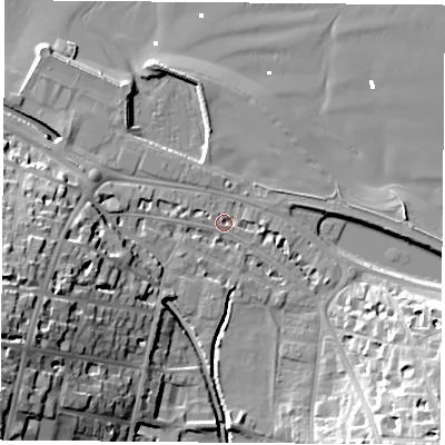 Shaded relief map of the ground around PO331JE, computed from Environment Agency LiDAR. The ground here sits at about 3 m above sea level and falls 27 m across the surrounding 800 m. Surface water reaching this point runs off ground lying to the west, 13.1 m higher.