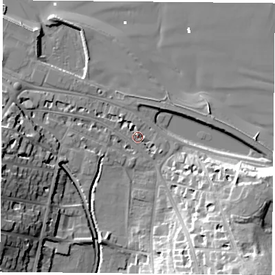 Shaded relief map of the ground around PO331JF, computed from Environment Agency LiDAR. The ground here sits at about 3 m above sea level and falls 29 m across the surrounding 800 m. Surface water reaching this point runs off ground lying to the south-east, 18.8 m higher.
