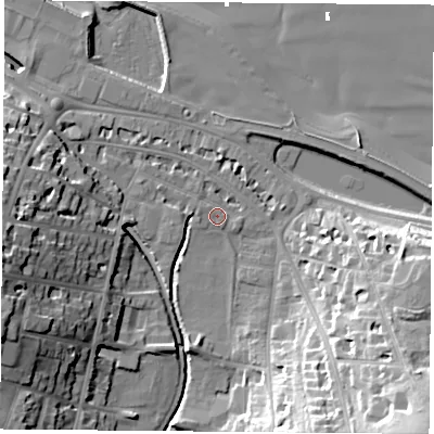Shaded relief map of the ground around PO331JG, computed from Environment Agency LiDAR. The ground here sits at about 3 m above sea level and falls 32 m across the surrounding 800 m. Surface water reaching this point runs off ground lying to the west, 16.7 m higher.