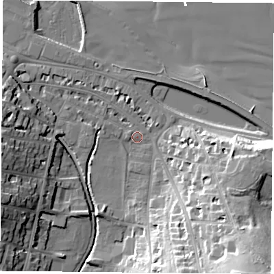 Shaded relief map of the ground around PO331JH, computed from Environment Agency LiDAR. The ground here sits at about 3 m above sea level and falls 34 m across the surrounding 800 m. Surface water reaching this point runs off ground lying to the south-east, 33.2 m higher.