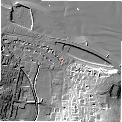 Shaded relief map of the ground around PO331JJ, computed from Environment Agency LiDAR. The ground here sits at about 2 m above sea level and falls 31 m across the surrounding 800 m. Surface water reaching this point runs off ground lying to the south-east, 18.8 m higher.