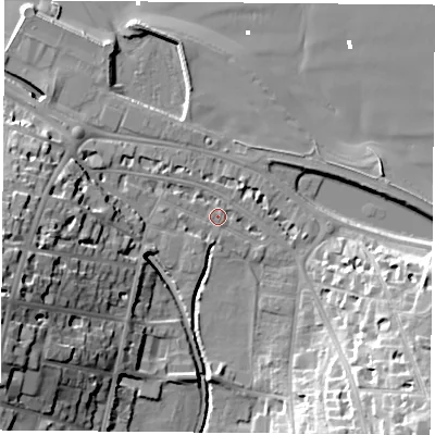 Shaded relief map of the ground around PO331JL, computed from Environment Agency LiDAR. The ground here sits at about 3 m above sea level and falls 26 m across the surrounding 800 m. Surface water reaching this point runs off ground lying to the west, 19.1 m higher.