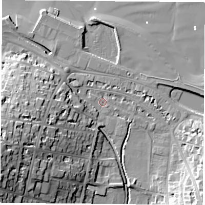 Shaded relief map of the ground around PO331JN, computed from Environment Agency LiDAR. The ground here sits at about 3 m above sea level and falls 34 m across the surrounding 800 m. Surface water reaching this point runs off ground lying to the south-west, 30.2 m higher.
