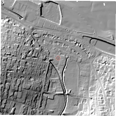 Shaded relief map of the ground around PO331JP, computed from Environment Agency LiDAR. The ground here sits at about 3 m above sea level and falls 30 m across the surrounding 800 m. Surface water reaching this point runs off ground lying to the west-south-west, 27.0 m higher.
