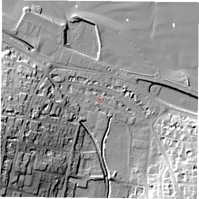 Shaded relief map of the ground around PO331JQ, computed from Environment Agency LiDAR. The ground here sits at about 3 m above sea level and falls 29 m across the surrounding 800 m. Surface water reaching this point runs off ground lying to the south-west, 1.6 m higher.