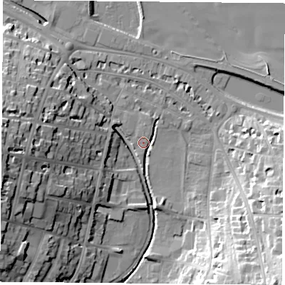 Shaded relief map of the ground around PO331JR, computed from Environment Agency LiDAR. The ground here sits at about 3 m above sea level and falls 32 m across the surrounding 800 m. Surface water reaching this point runs off ground lying to the north-north-east, 3.5 m higher.