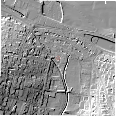 Shaded relief map of the ground around PO331JS, computed from Environment Agency LiDAR. The ground here sits at about 3 m above sea level and falls 31 m across the surrounding 800 m. Surface water reaching this point runs off ground lying to the west-south-west, 28.1 m higher.
