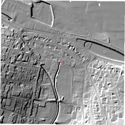 Shaded relief map of the ground around PO331JU, computed from Environment Agency LiDAR. The ground here sits at about 3 m above sea level and falls 31 m across the surrounding 800 m. Surface water reaching this point runs off ground lying to the west-north-west, 3.2 m higher.