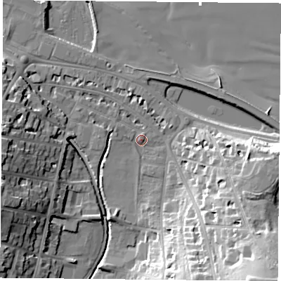 Shaded relief map of the ground around PO331JZ, computed from Environment Agency LiDAR. The ground here sits at about 3 m above sea level and falls 34 m across the surrounding 800 m. Surface water reaching this point runs off ground lying to the west-north-west, 13.2 m higher.