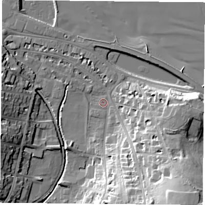 Shaded relief map of the ground around PO331LA, computed from Environment Agency LiDAR. The ground here sits at about 3 m above sea level and falls 36 m across the surrounding 800 m. Surface water reaching this point runs off ground lying to the south-east, 35.4 m higher.