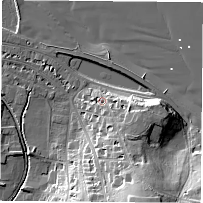 Shaded relief map of the ground around PO331LE, computed from Environment Agency LiDAR. The ground here sits at about 8 m above sea level and falls 35 m across the surrounding 800 m. Surface water reaching this point runs off ground lying to the south-east, 12.7 m higher.