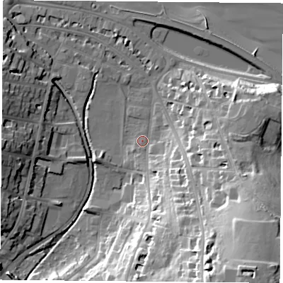 Shaded relief map of the ground around PO331LG, computed from Environment Agency LiDAR. The ground here sits at about 3 m above sea level and falls 42 m across the surrounding 800 m. Surface water reaching this point runs off ground lying to the south-south-east, 24.6 m higher.