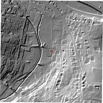 Shaded relief map of the ground around PO331LP, computed from Environment Agency LiDAR. The ground here sits at about 2 m above sea level and falls 45 m across the surrounding 800 m. Surface water reaching this point runs off ground lying to the south-east, 44.6 m higher.