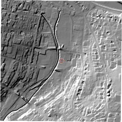 Shaded relief map of the ground around PO331LR, computed from Environment Agency LiDAR. The ground here sits at about 3 m above sea level and falls 46 m across the surrounding 800 m. Surface water reaching this point runs off ground lying to the south-east, 45.4 m higher.