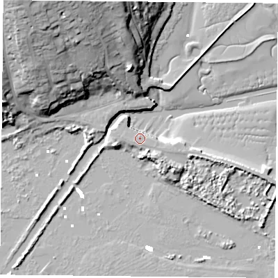 Shaded relief map of the ground around PO331XG, computed from Environment Agency LiDAR. The ground here sits at about 3 m above sea level and falls 32 m across the surrounding 800 m. Surface water reaching this point runs off ground lying to the south-east, 5.6 m higher.