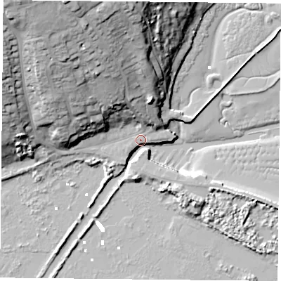 Shaded relief map of the ground around PO331XJ, computed from Environment Agency LiDAR. The ground here sits at about 3 m above sea level and falls 38 m across the surrounding 800 m. Surface water reaching this point runs off ground lying to the north-north-west, 20.6 m higher.