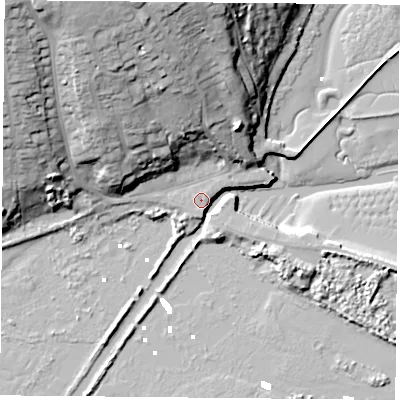 Shaded relief map of the ground around PO331XL, computed from Environment Agency LiDAR. The ground here sits at about 3 m above sea level and falls 37 m across the surrounding 800 m. Surface water reaching this point runs off ground lying to the east-south-east, 5.5 m higher.