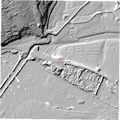 Shaded relief map of the ground around PO331XQ, computed from Environment Agency LiDAR. The ground here sits at about 3 m above sea level and falls 30 m across the surrounding 800 m. Surface water reaching this point runs off ground lying to the south-south-east, 3.1 m higher.