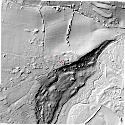Shaded relief map of the ground around PO331XY, computed from Environment Agency LiDAR. The ground here sits at about 29 m above sea level and falls 49 m across the surrounding 800 m. Surface water reaching this point runs off ground lying to the west-north-west, 8.1 m higher.