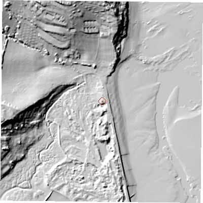 Shaded relief map of the ground around PO331XZ, computed from Environment Agency LiDAR. The ground here sits at about 4 m above sea level and falls 33 m across the surrounding 800 m. Surface water reaching this point runs off ground lying to the south-south-east, 3.7 m higher.