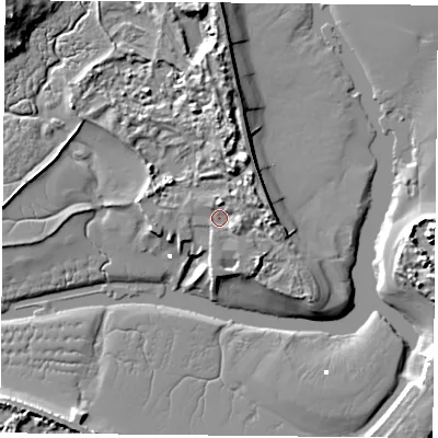 Shaded relief map of the ground around PO331YB, computed from Environment Agency LiDAR. The ground here sits at about 3 m above sea level and falls 12 m across the surrounding 800 m. Surface water reaching this point runs off ground lying to the south-east, 1.9 m higher.