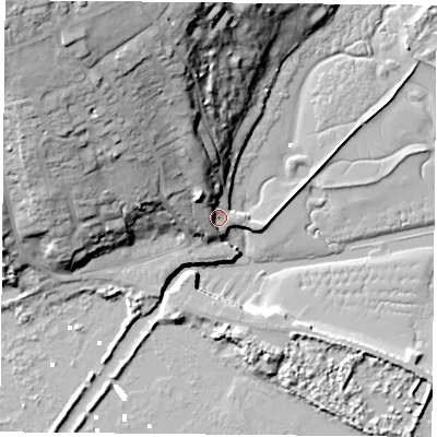 Shaded relief map of the ground around PO331YH, computed from Environment Agency LiDAR. The ground here sits at about 4 m above sea level and falls 41 m across the surrounding 800 m. Surface water reaching this point runs off ground lying to the north-west, 34.4 m higher.